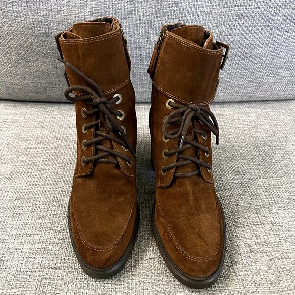 EUC Aquatalia Irene Brown Suede Boots Sz 8.5 Heeled Buckle Lace Up Ankle Booties - Picture 15 of 16